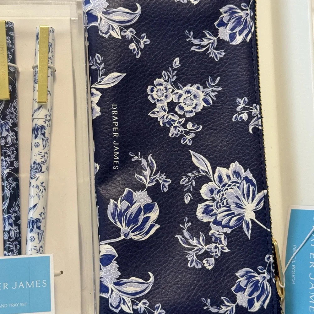 Draper James Blue and White Floral Pen set and Zip pouch